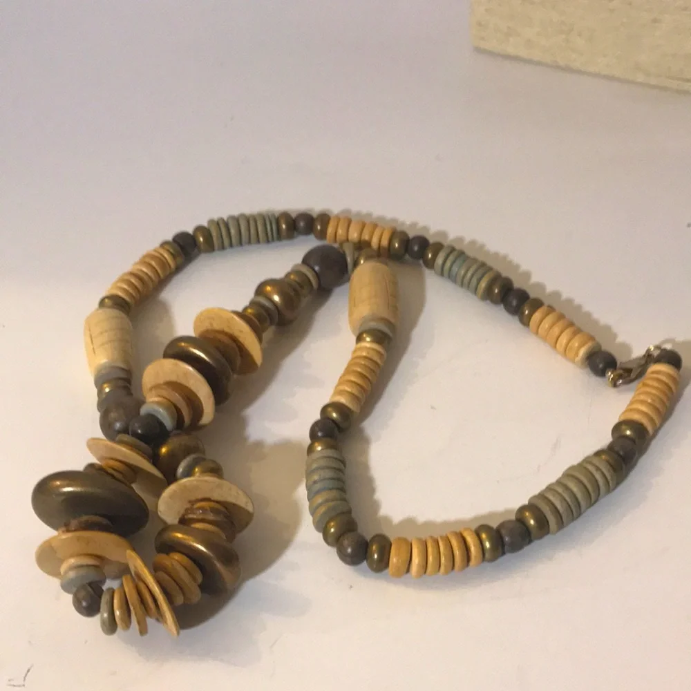 Necklace beaded wood metal cream brown vintage boho neutral tribal summer